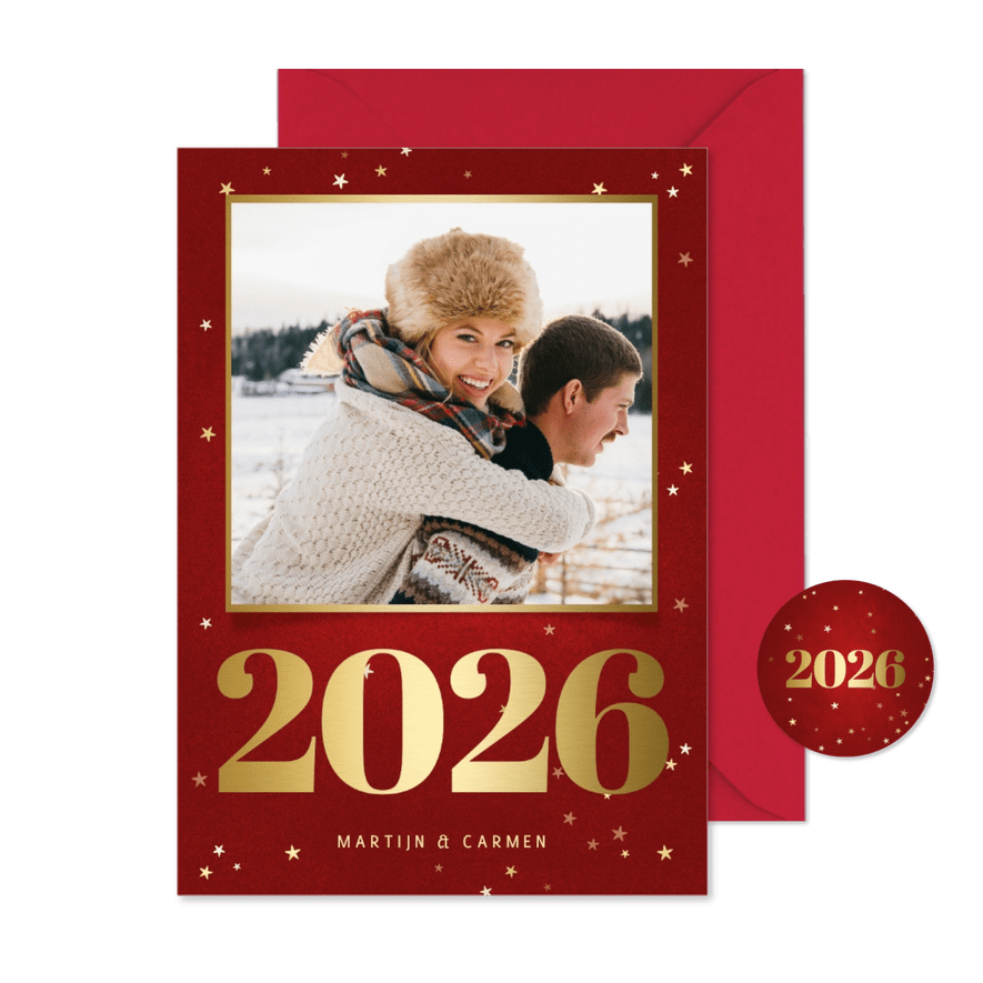 Kerstkaart met foto, gouden 2026 en sterren - Kaartimpressie