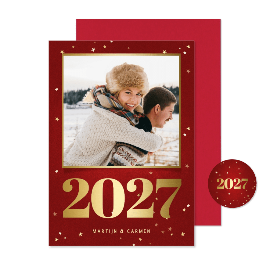 Kerstkaart met foto, gouden 2027 en sterren - Kaartimpressie
