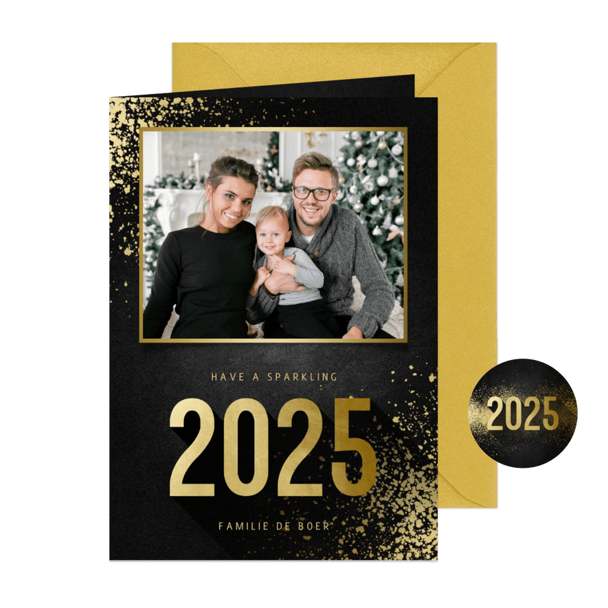 Kerstkaart met foto goudlook 2025 en spetters - Kaartimpressie