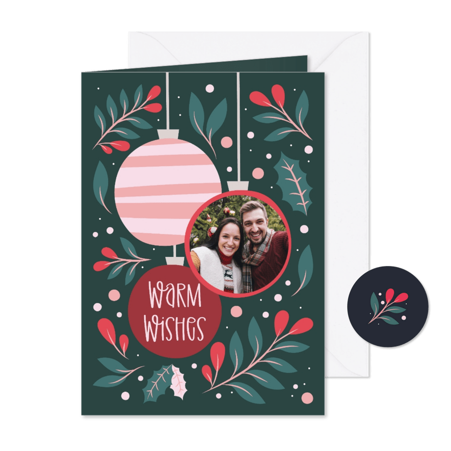 Kerstkaart met foto in kerstbal warm wishes - Kaartimpressie