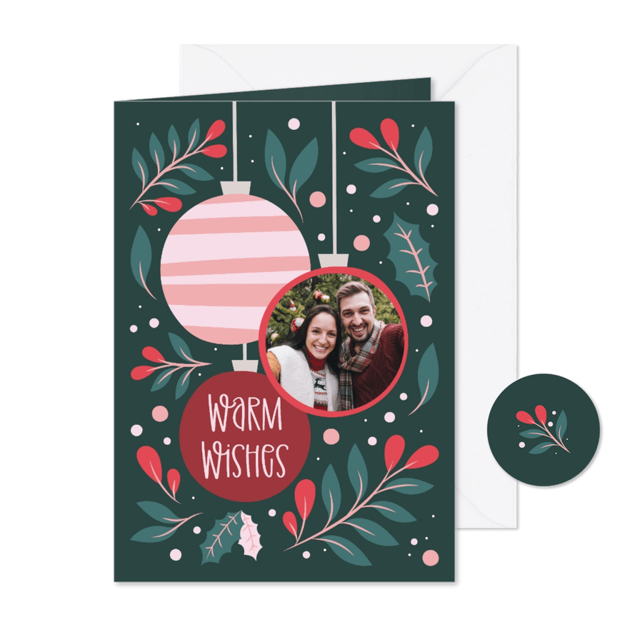 Kerstkaart met foto in kerstbal warm wishes - Kaartimpressie
