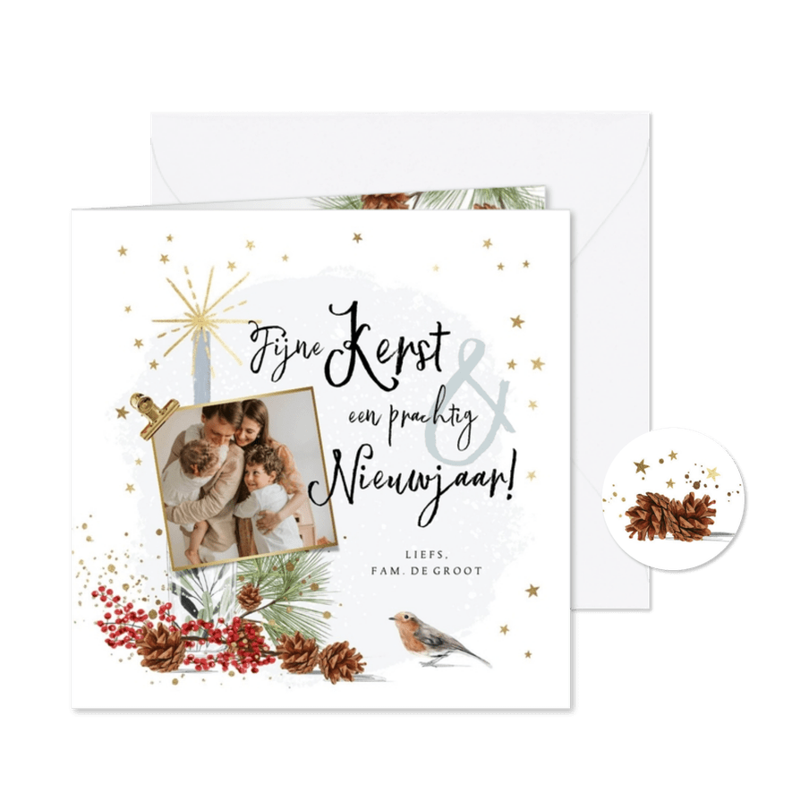 Kerstkaart met foto kaars kersttakken dennenappel vogel ster - Kaartimpressie