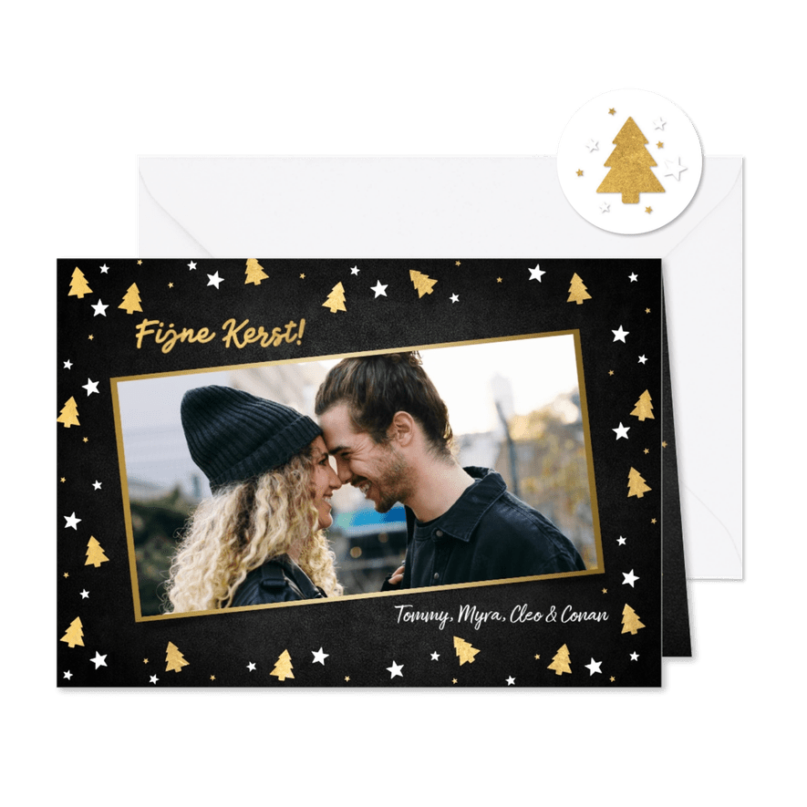 Kerstkaart met foto, kerstbomen, sterren en 'Fijne Kerst!' - Kaartimpressie