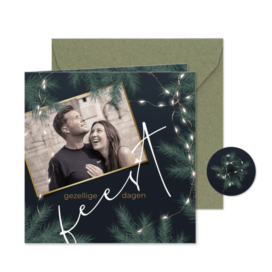 Kerstkaart met foto kersttakjes en lichtjes - Kaartimpressie