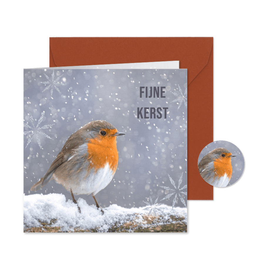 Kerstkaart met foto roodborst in de sneeuw - Kaartimpressie