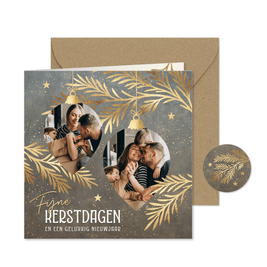 Kerstkaart met foto's en kerstballen taupe goud - Kaartimpressie