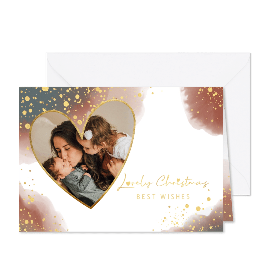 Kerstkaart met foto stijlvol waterverf en gouden spetters - Kaartimpressie