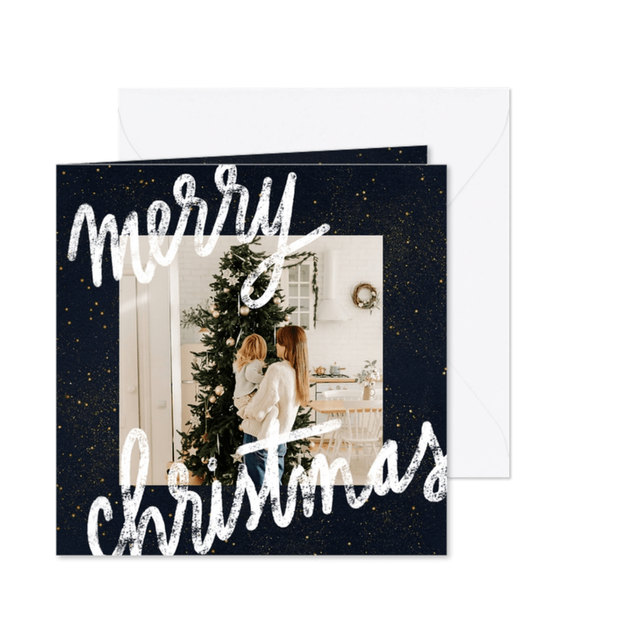 Kerstkaart met foto, typografie en gouden sterren - Kaartimpressie
