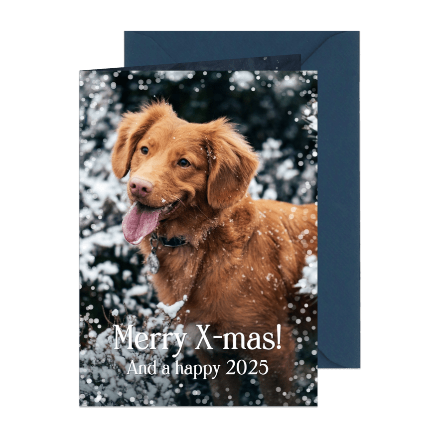 Kerstkaart met foto van hond en sneeuwvlokjes - Kaartimpressie