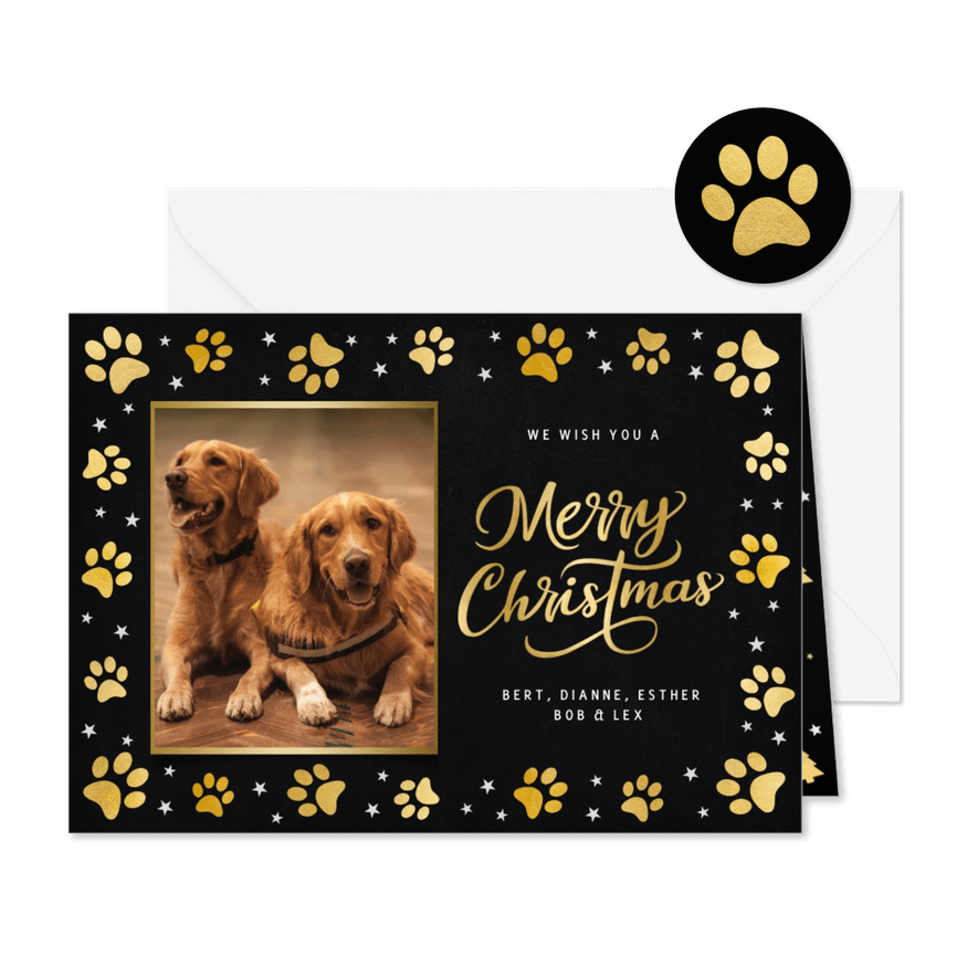 Kerstkaart met foto van huisdier en honden pootafdrukjes - Kaartimpressie