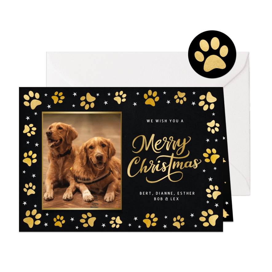 Kerstkaart met foto van huisdier en honden pootafdrukjes  - Kaartimpressie