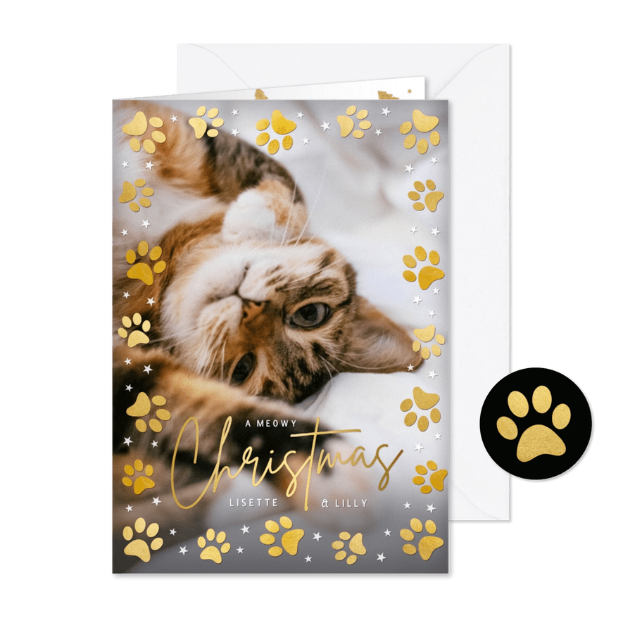 Kerstkaart met foto van je poes of kat en pootafdrukken - Kaartimpressie