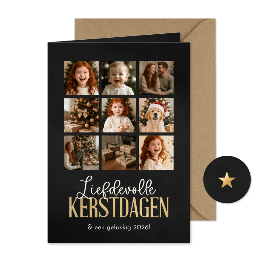 Kerstkaart met fotocollage 9 foto's zwart goud - Kaartimpressie