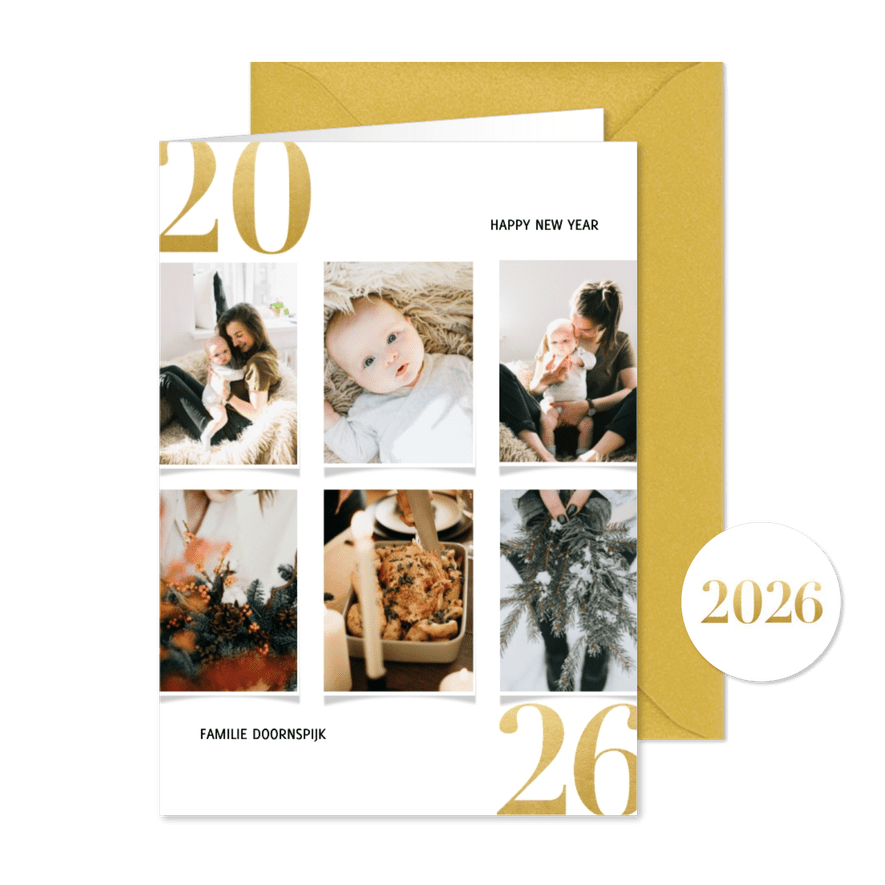 Kerstkaart met fotocollage en gouden 2026 - Kaartimpressie