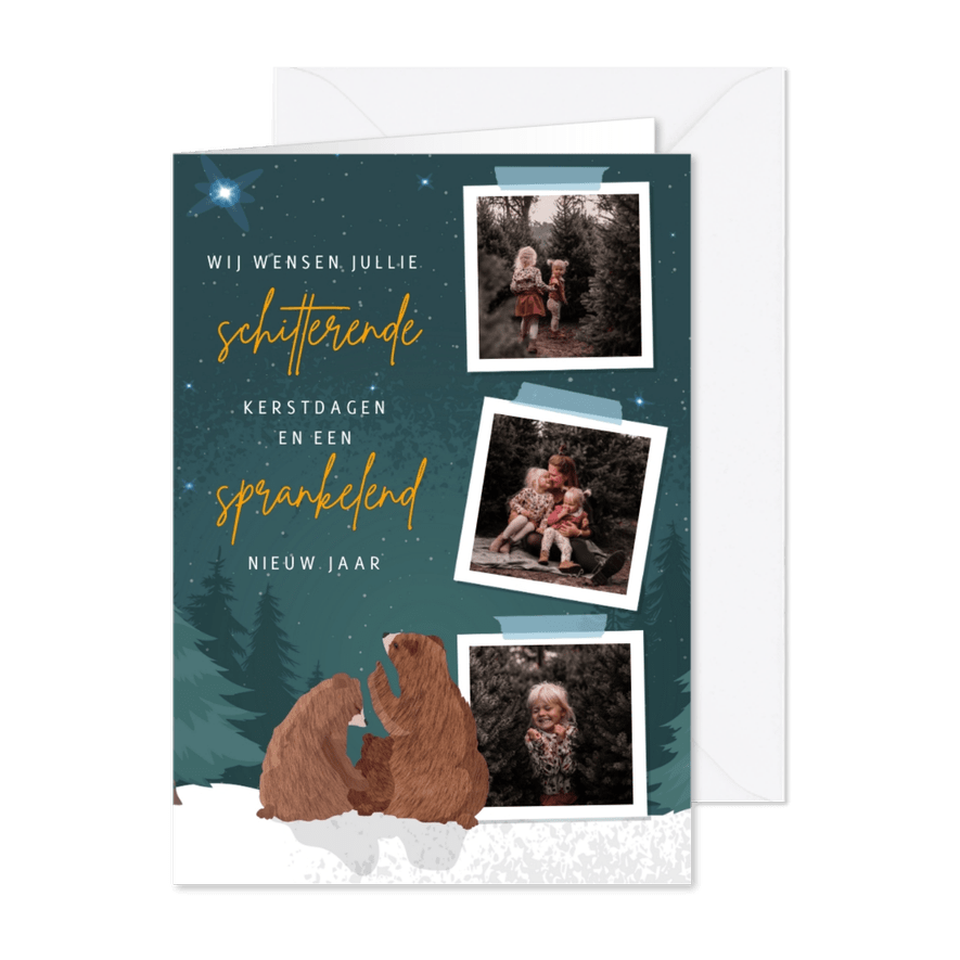 Kerstkaart met fotocollage en illustratie van 3 beren - Kaartimpressie