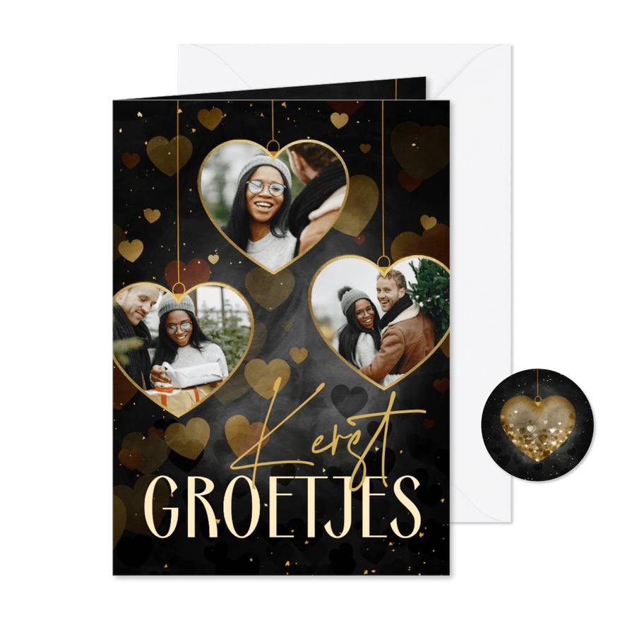 Kerstkaart met fotocollage hartjes kerstballen zwart - Kaartimpressie