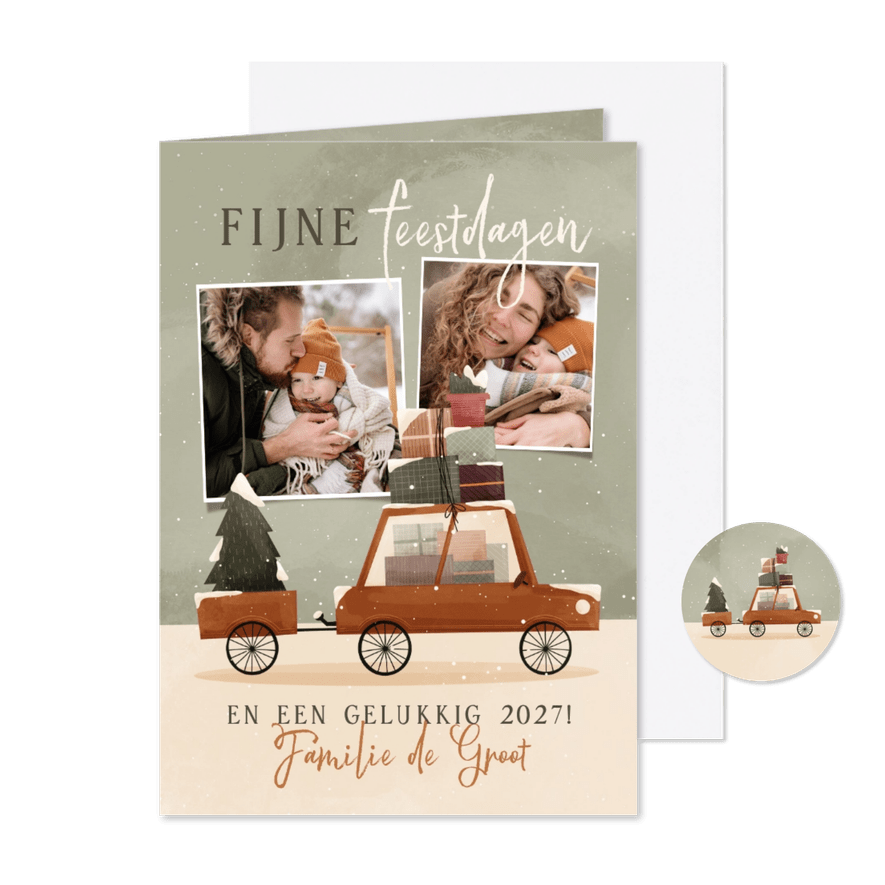 Kerstkaart met foto's en een auto met kerstboom - Kaartimpressie