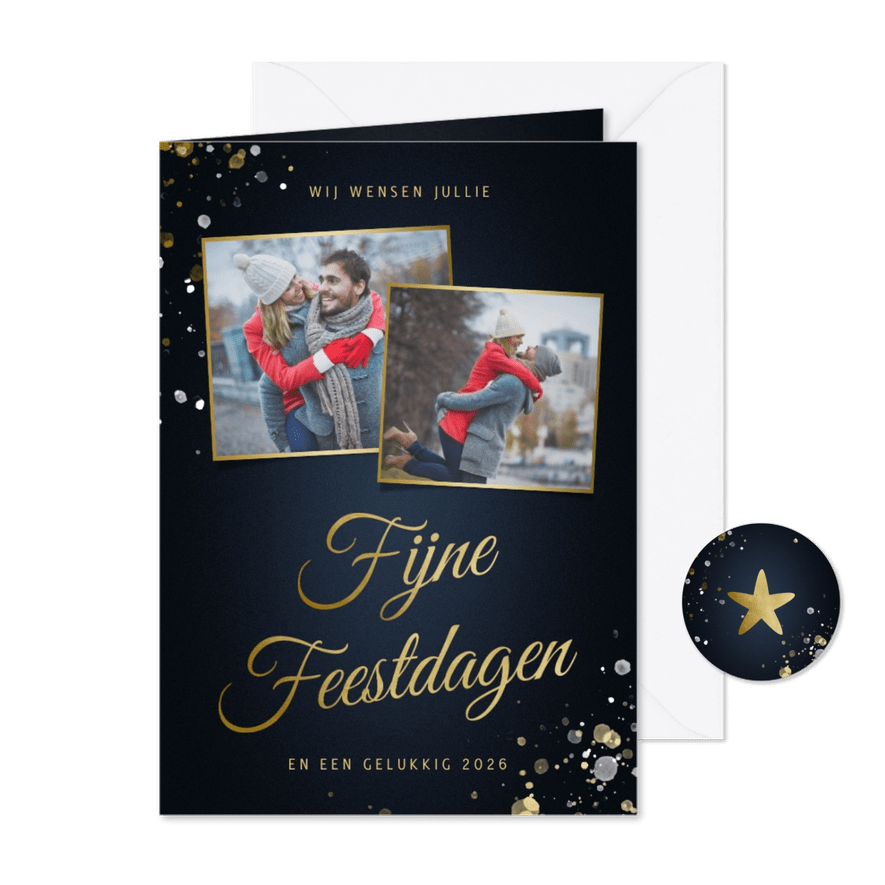 Kerstkaart met fotos en spetters klassiek Fijne Feestdagen - Kaartimpressie