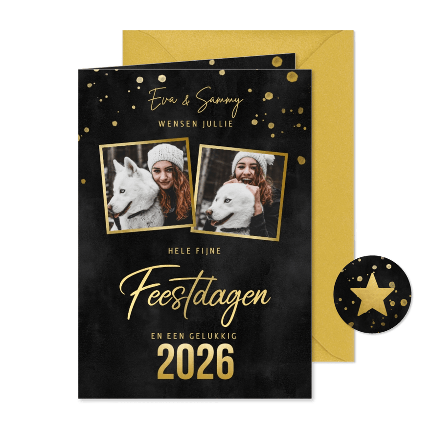 Kerstkaart met foto's, gouden spetters fijne feestdagen - Kaartimpressie
