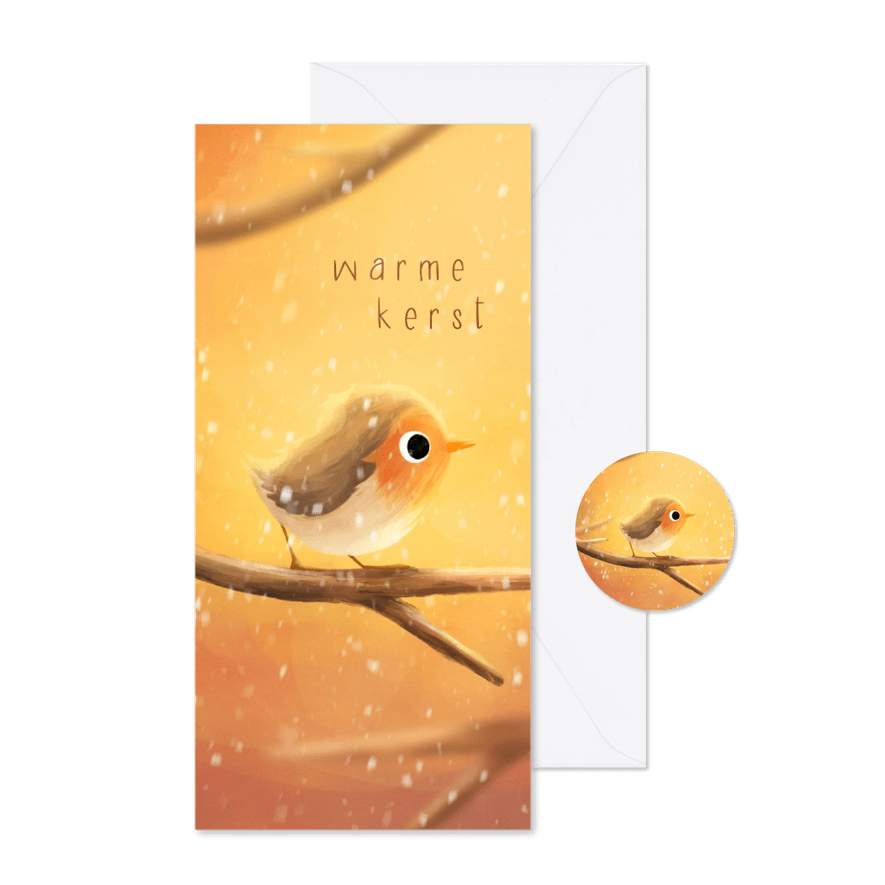 Kerstkaart met geïllustreerd roodborstje op tak - Kaartimpressie