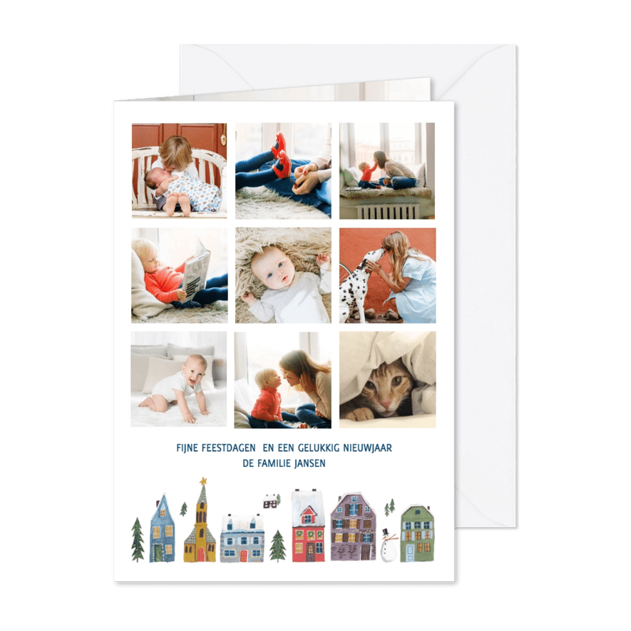 Kerstkaart met geschilderde huisjes en kerstbomen - Kaartimpressie