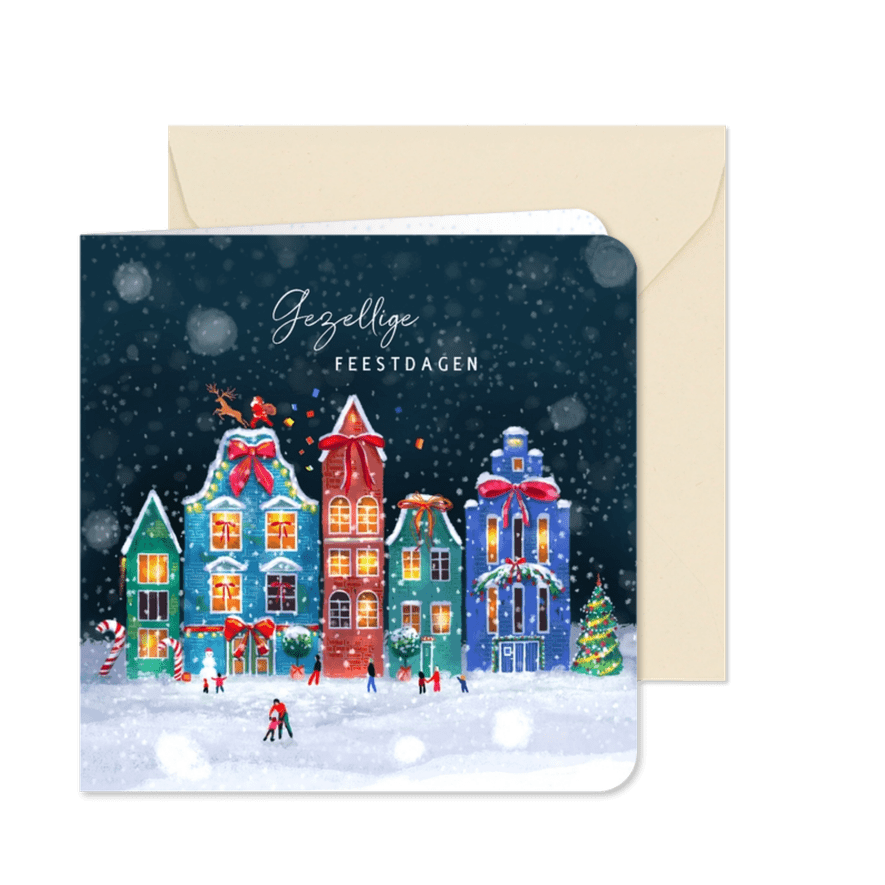 Kerstkaart met gezellig kerstdorpje - Kaartimpressie