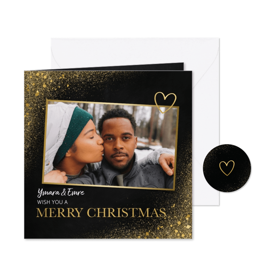 Kerstkaart met goud, foto en merry christmas - Kaartimpressie