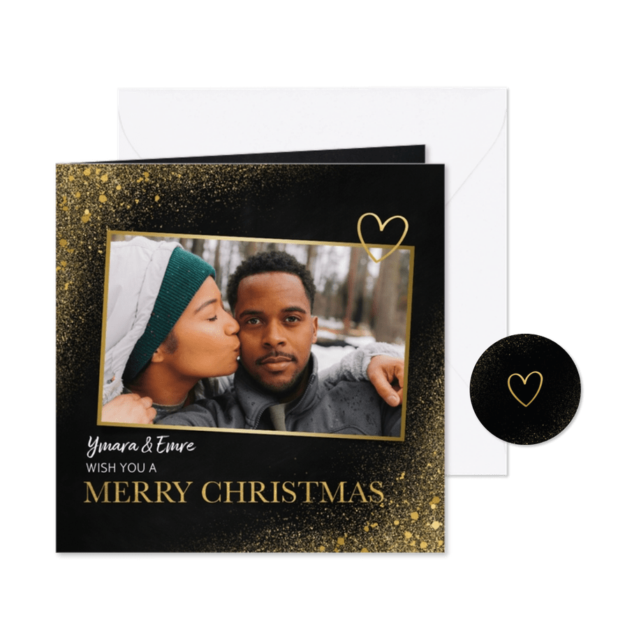Kerstkaart met goud, foto en merry christmas - Kaartimpressie