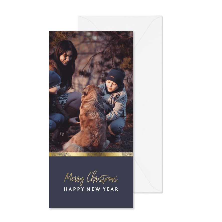 Kerstkaart met gouden accent en foto langwerpig - Kaartimpressie