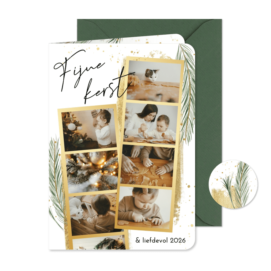 Kerstkaart met gouden fotostrips dennetakjes en spetters - Kaartimpressie