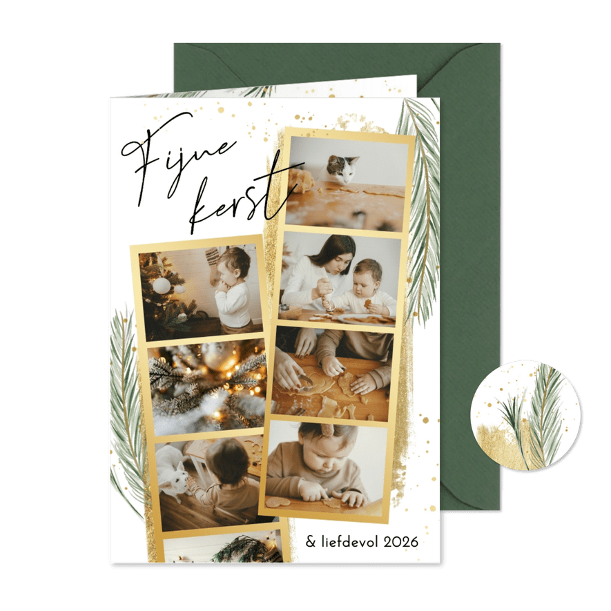 Kerstkaart met gouden fotostrips dennetakjes en spetters - Kaartimpressie