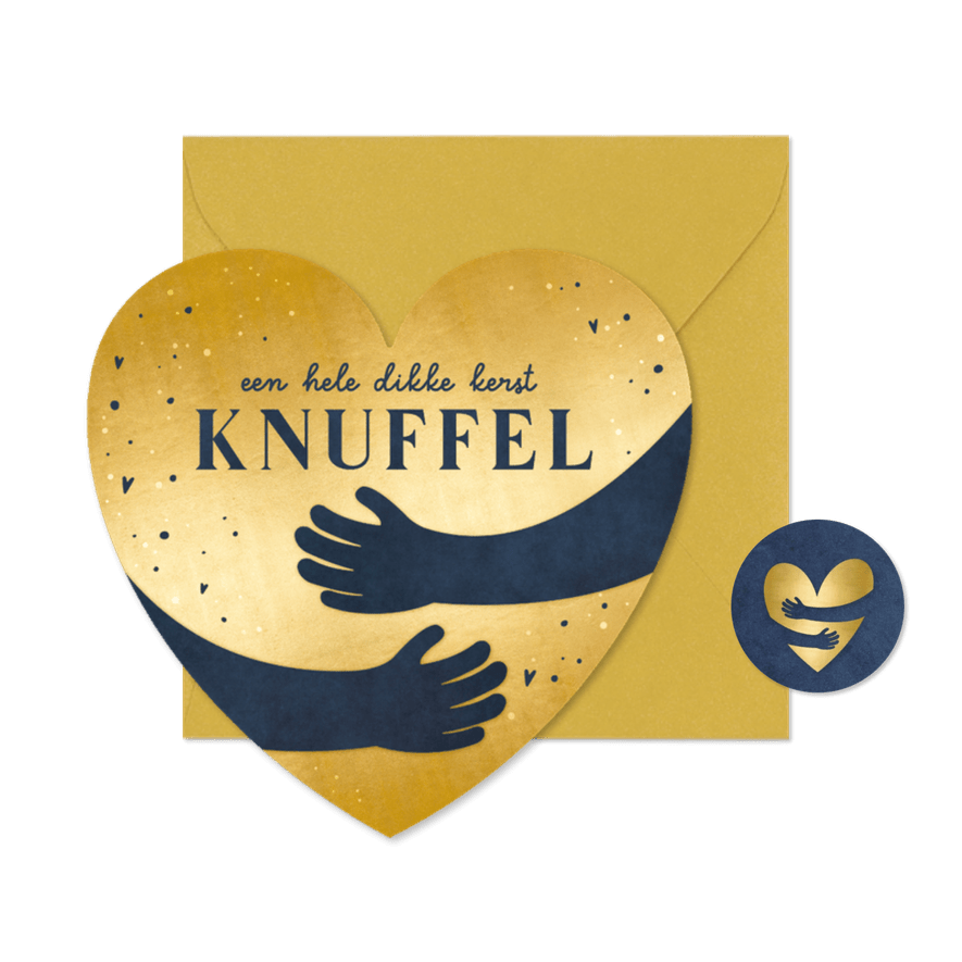 Kerstkaart met gouden hart en kerst knuffel er op. - Kaartimpressie