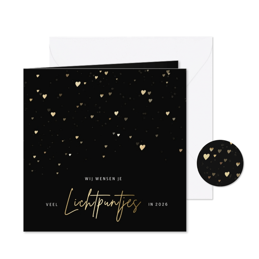 Kerstkaart met gouden hartjes veel lichtpuntjes voor 2026 - Kaartimpressie