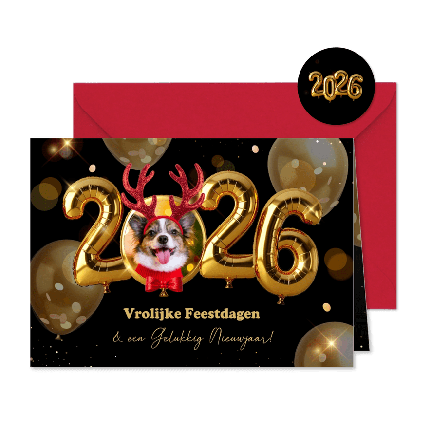 Kerstkaart met gouden heliumballonnen, eigen foto en props - Kaartimpressie