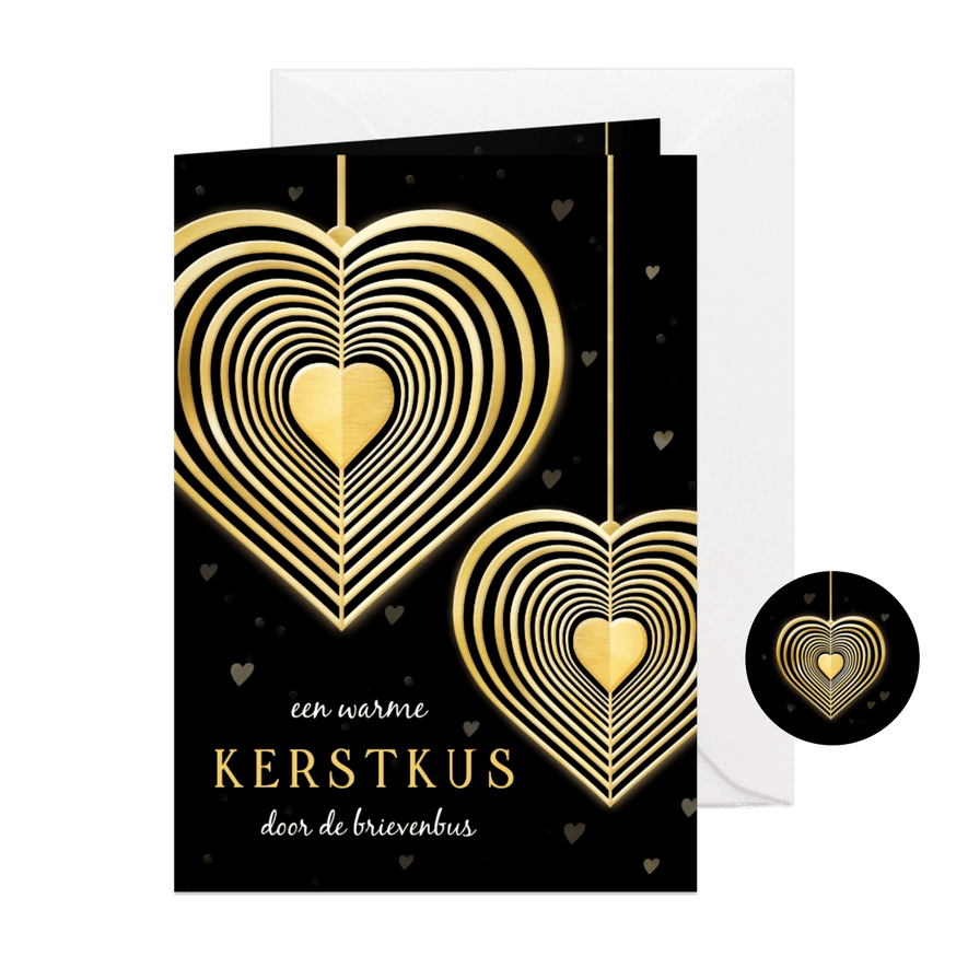 Kerstkaart met gouden kerstbal hartjes kus door brievenbus - Kaartimpressie