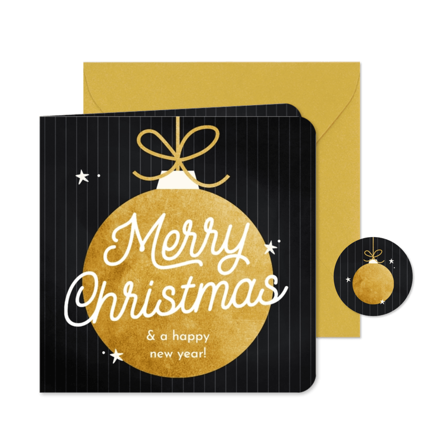 Kerstkaart met gouden kerstbal merry christmas streep - Kaartimpressie