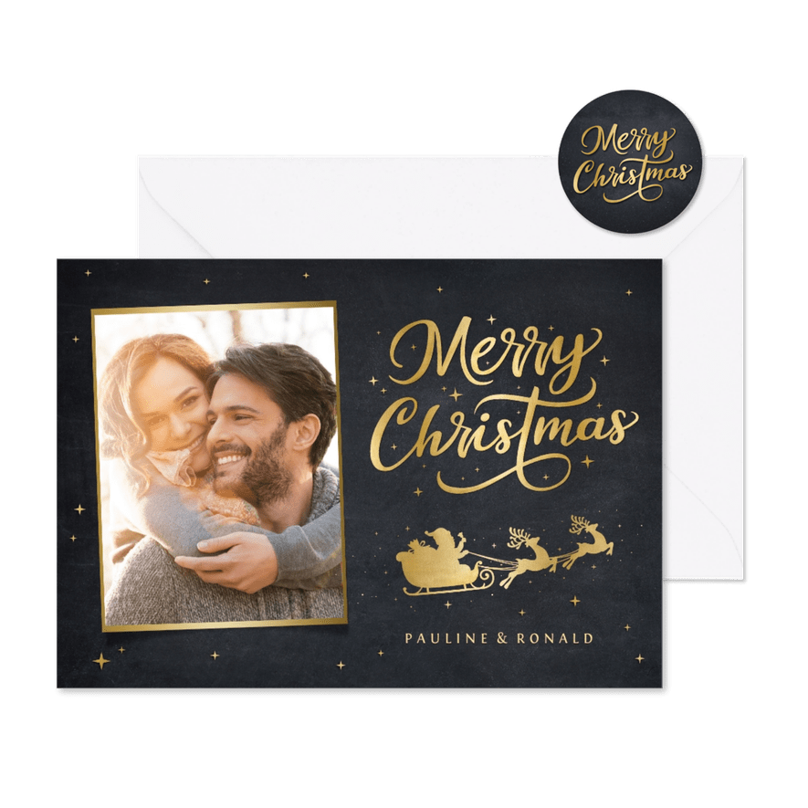 Kerstkaart met gouden silhouet van een kerstman in arreslee - Kaartimpressie