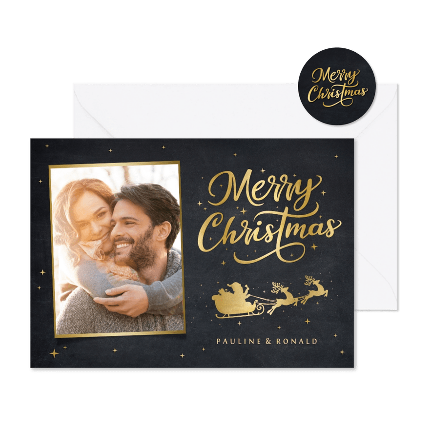 Kerstkaart met gouden silhouet van een kerstman in arreslee  - Kaartimpressie