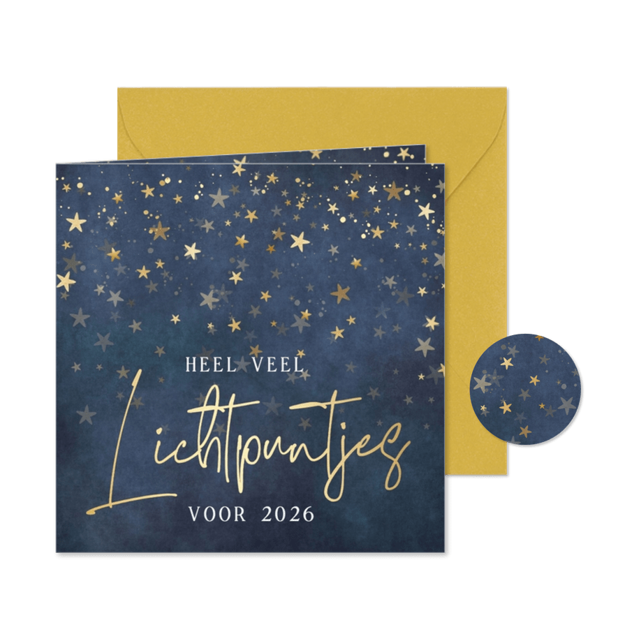 Kerstkaart met gouden sterren veel lichtpuntjes voor 2026 - Kaartimpressie