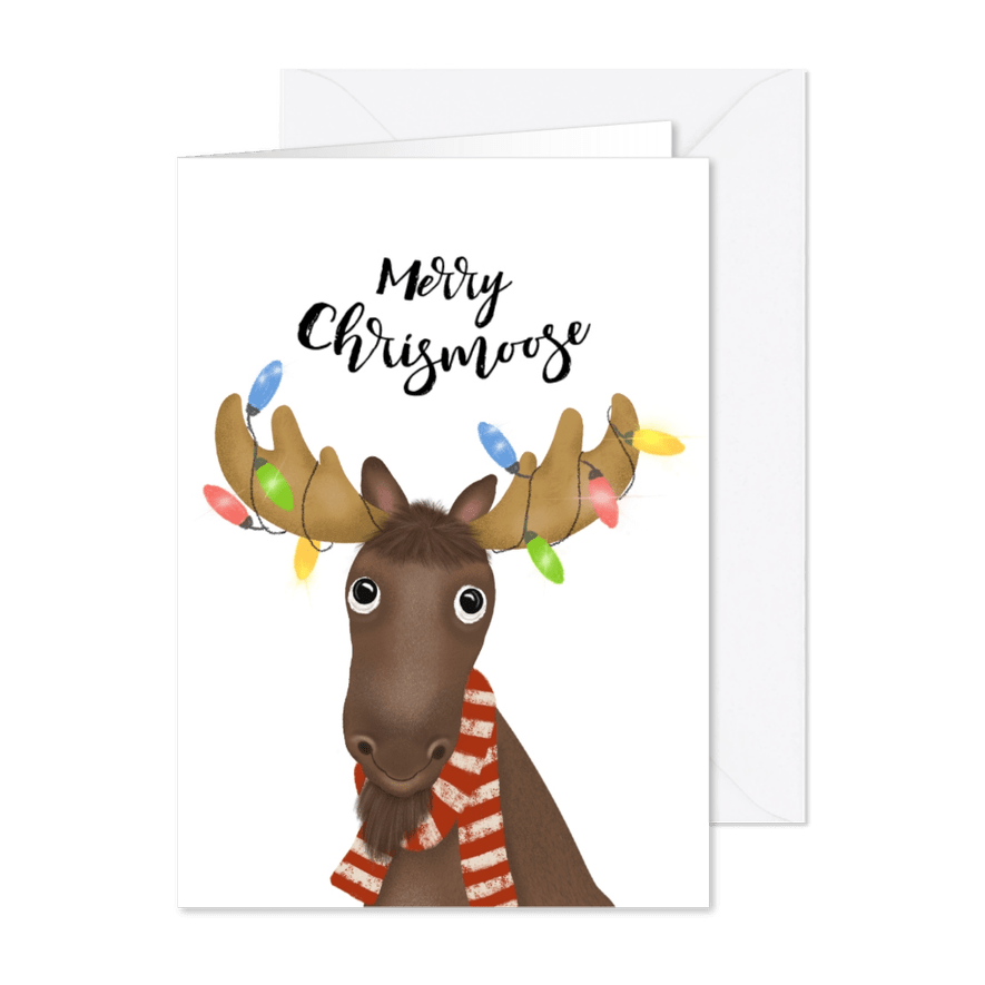 kerstkaart met grappige eland met lichtjes in zijn gewei - Kaartimpressie