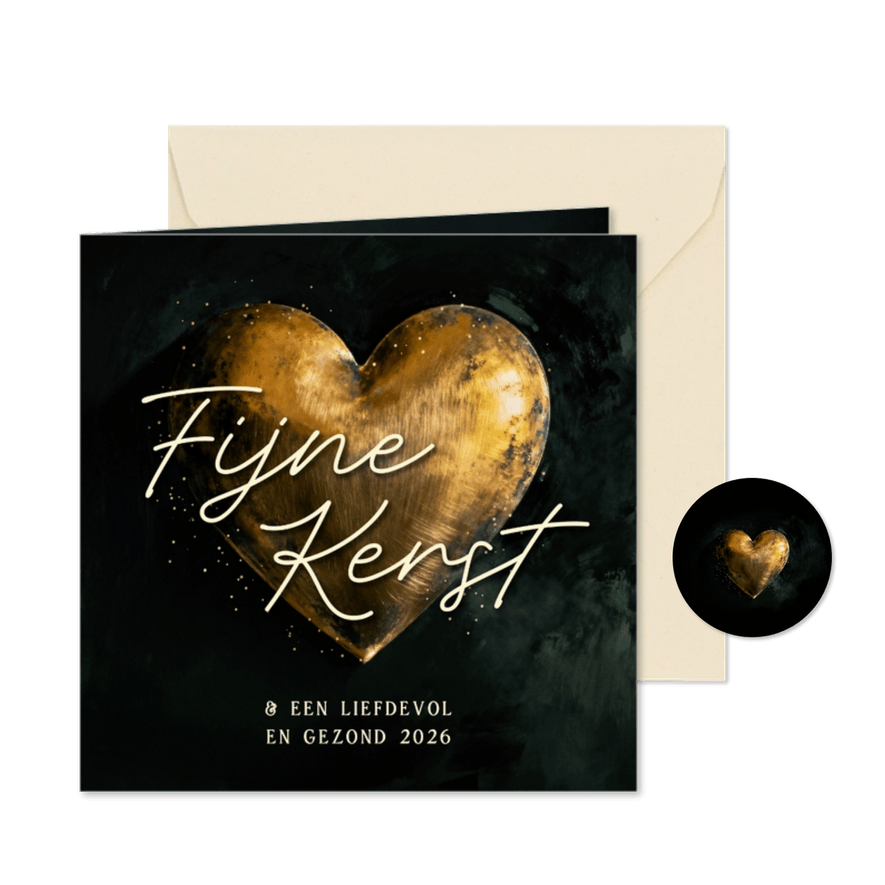 Kerstkaart met groot gouden hart groen fijne kerst - Kaartimpressie