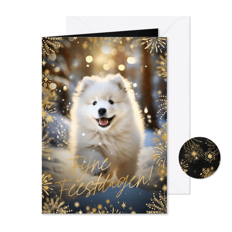 Kerstkaart met grote foto en kader van vuurwerk en sterren - Kaartimpressie