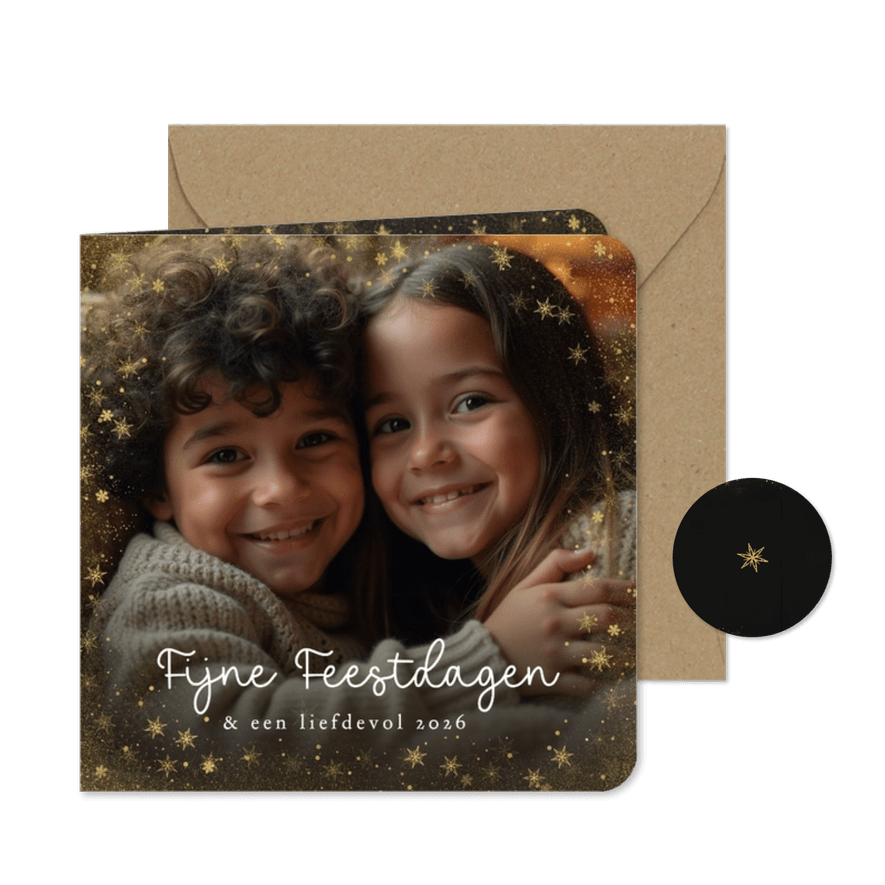 Kerstkaart met grote foto gouden kader en fijne feestdagen - Kaartimpressie