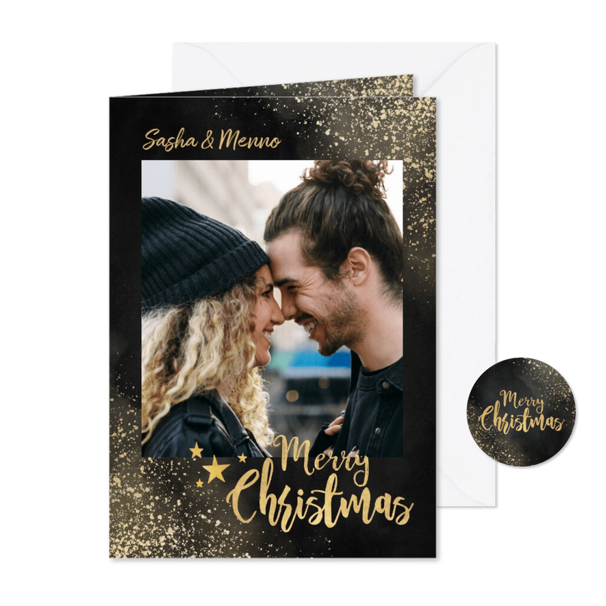 Kerstkaart met grote foto, gouden sneeuw 'Merry Christmas' - Kaartimpressie