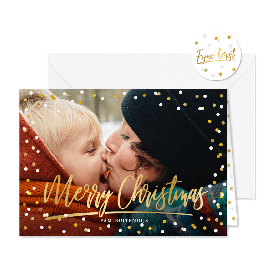 Kerstkaart met grote foto, merry christmas en confetti - Kaartimpressie