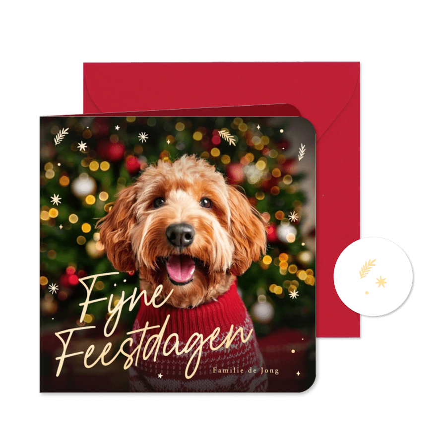 Kerstkaart met grote foto van je huisdier en gouden sterren - Kaartimpressie