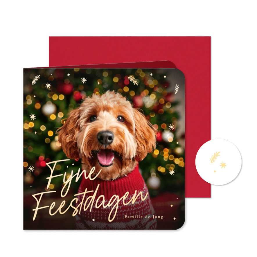Kerstkaart met grote foto van je huisdier en gouden sterren - Kaartimpressie