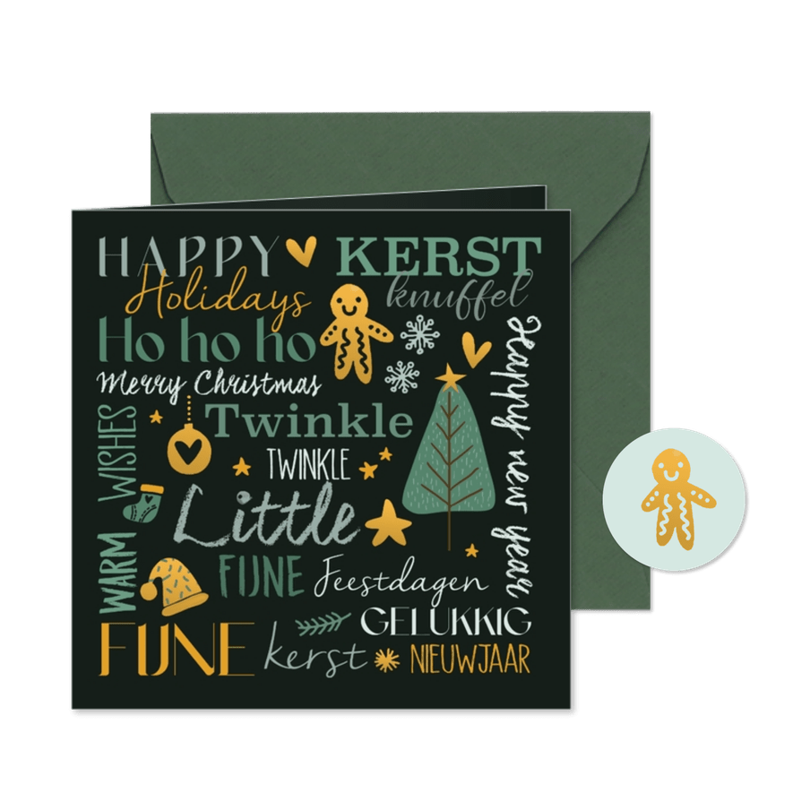 Kerstkaart met handlettering in groene en gele tinten - Kaartimpressie