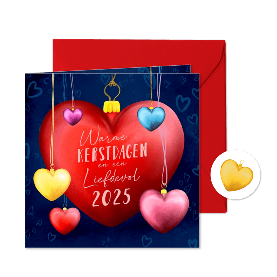 Kerstkaart met hart kerstballen - Kaartimpressie