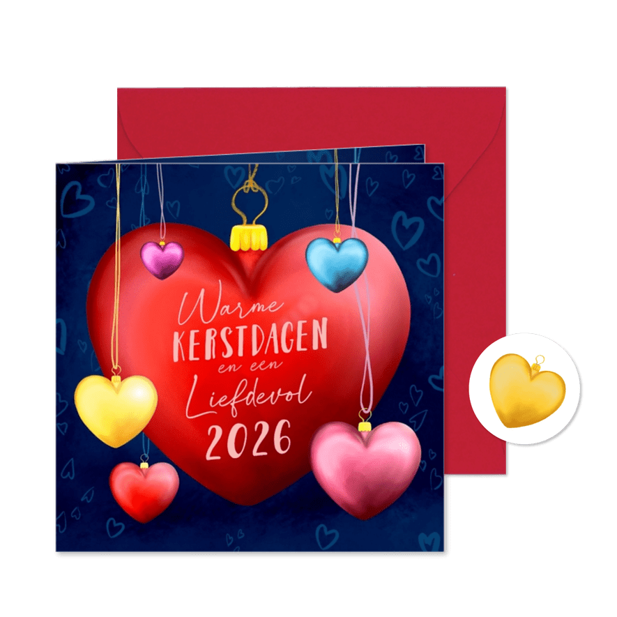 Kerstkaart met hart kerstballen - Kaartimpressie